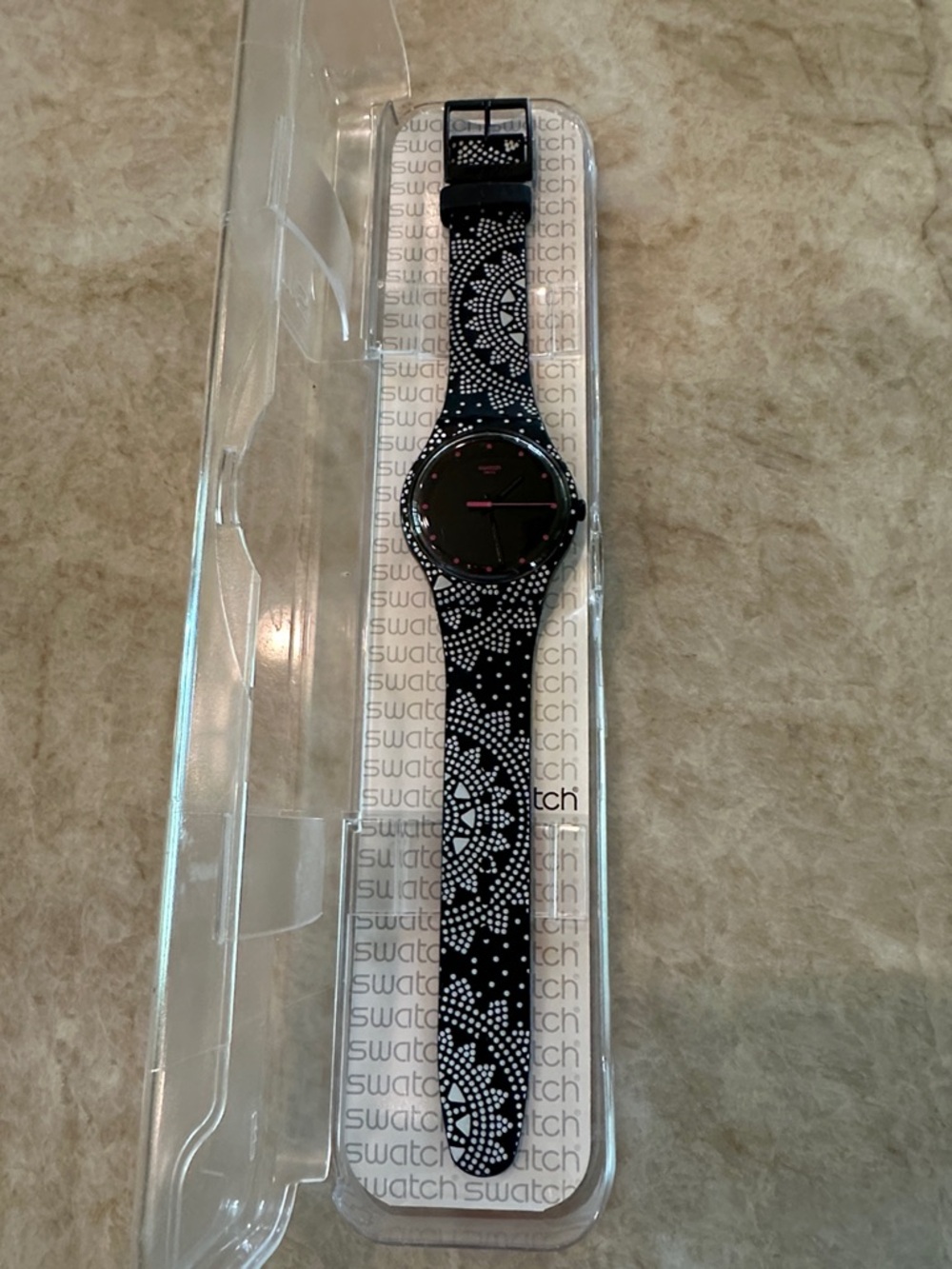 Swatch Black Watch with White Dot Mandala Strap